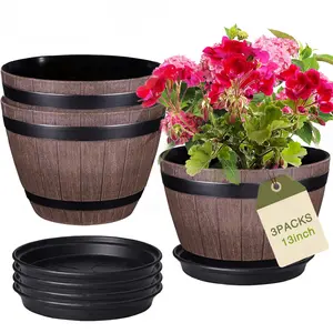 VECELO Genard 3-Pack Plastic Whiskey Barrel Planters, 12.8" Pots Planter With Drainage Holes And Saucer Trays For Indoor & Outdoor Garden, Home & Patio