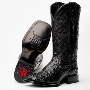 Black Caiman Neck Leather Boots - Square Toe