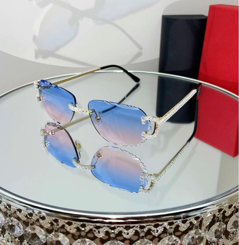 Luxury Rimless Round Cut Sunglasses Blue Pink Gradient Lens 