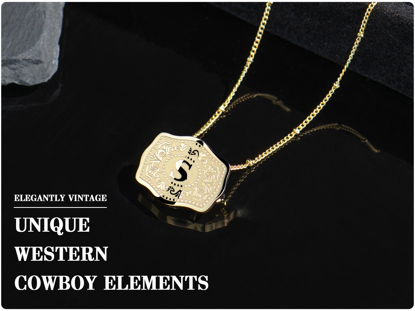 Holylegend 14K Real Gold-Plated Initial Letter Pendant Necklace with Embossed Belt Buckle CowTag Western Style Jewelry Gift for Men Women Buy 1 Get 1 Free Chain 18"+2" Extender Length Handmade Perfect Gift