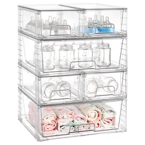 【Baby Bottle Station】VTOPMART 6 Pack Stackable Clear Drawer Organizer for Organizering Nursing Bottles,Candy,Snacks,Makeup,Cosmetics,Tampons,Medicines,Pantry,Under Sink,Closet,Bathroom, with Free Stickers