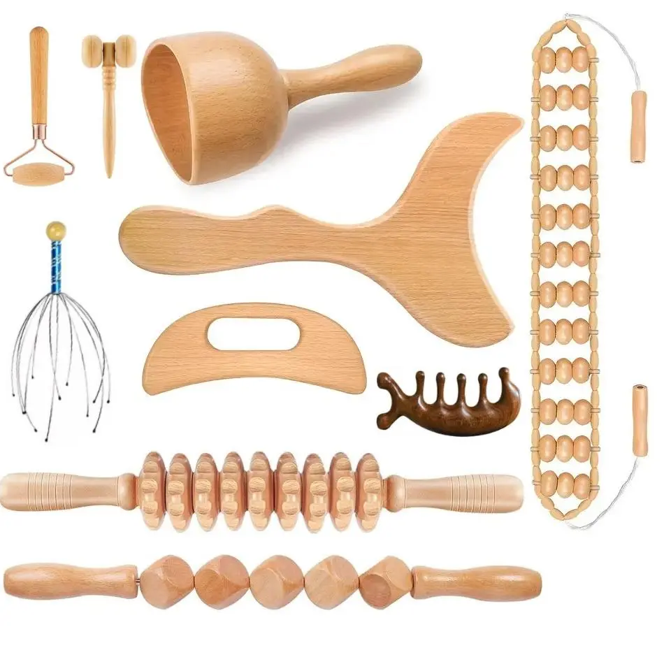10-Piece Wooden Manual Massage Multi-Pack Kit for Body Care - Professional Maderoterapia Cup, Gua Sha Roller Stick, Crescent Head, Facial Mini Hammer for Athletes' Full Body Therapy