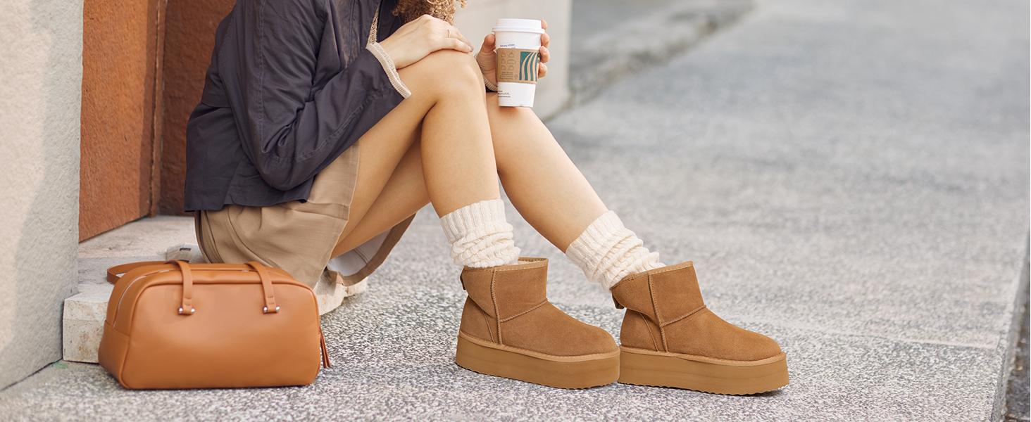 Dream Pairs DIY-Bow Platform Snow Boots – Splash-Proof Suede, Faux-Fur Lining, Memory-Foam, Anti-Slip Sole