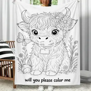 Highland Cow Themed DIY Coloring Blanket Color-Fillable Flannel Blanket A Perfect Gift for Children Fleece Throw with Custom-Dyed Fabric Soft Cozy Bedroom Decor Blankets Women Artists Home Office Travel Birthday Anniversary Holiday Christmas Halloween