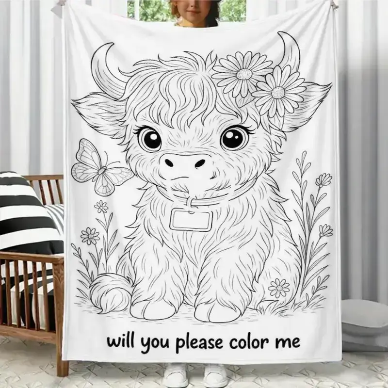 Highland Cow Themed DIY Coloring Blanket Color-Fillable Flannel Blanket A Perfect Gift for Children Fleece Throw with Custom-Dyed Fabric Soft Cozy Bedroom Decor Blankets Women Artists Home Office Travel Birthday Anniversary Holiday Christmas Halloween