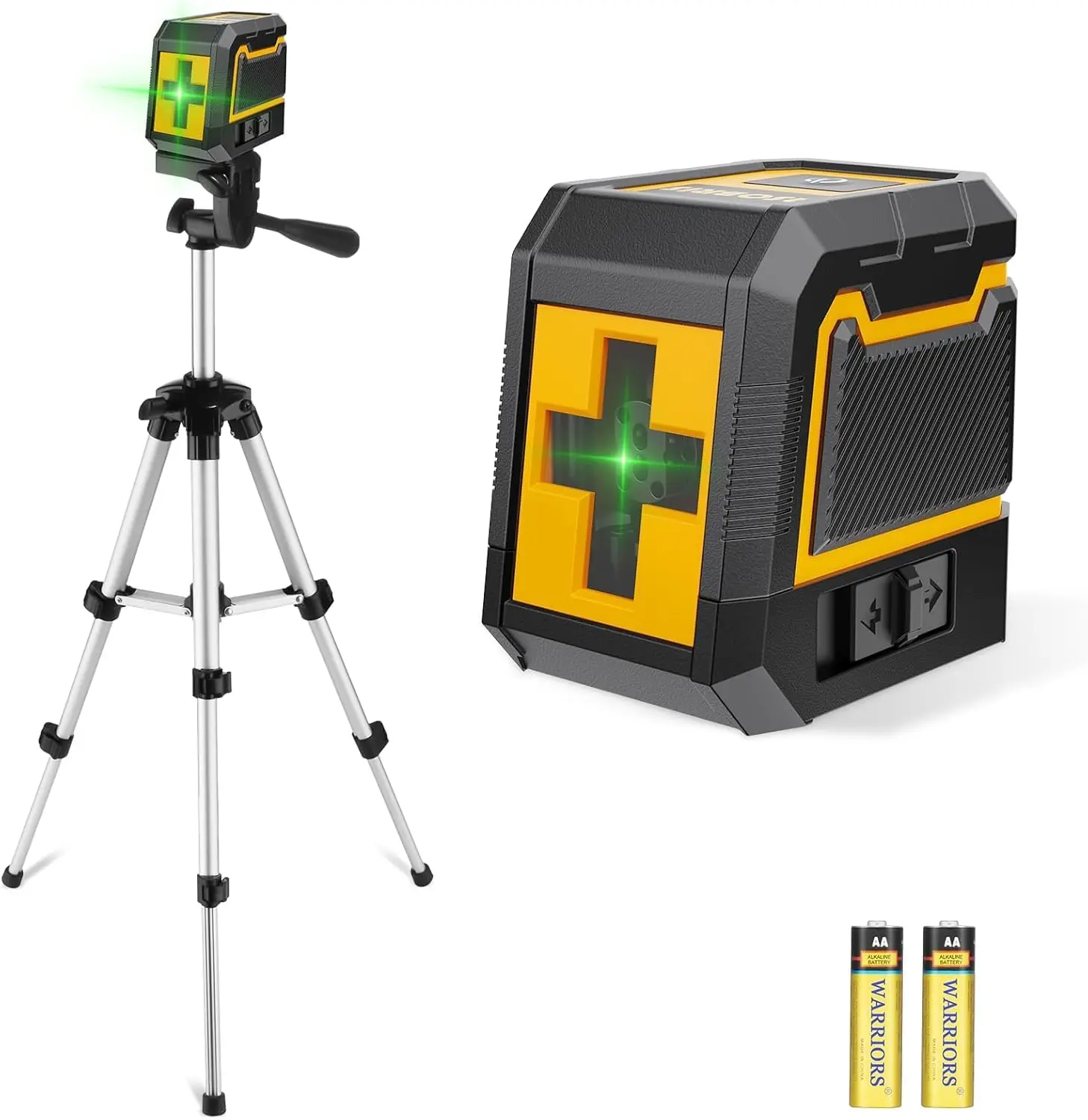 1 x Green Cross Line Laser Level with 1 x Aluminum Compact Tripod, 2 Modes Switch, IP54 Rated, Self-Leveling Measuring Tool, 82ft Range, Adjustable Brightness, AA Batteries, Lightweight Palm Size, Indoor Outdoor Use for Construction, Home Renovation