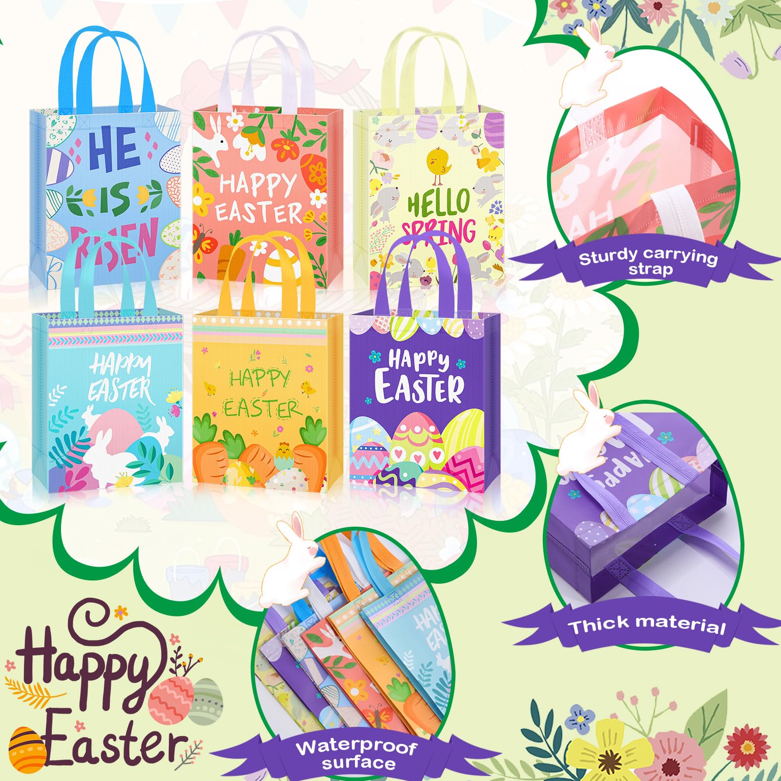 24/36/48 Pcs Easter Gift Bags Non Woven Bags Easter Basket Filler Bags Tote Bagswith Handle Egg Hunt Goodie Bags for Student Adult,Bunny Treat Bags for School Classroom Party Supplied,Gift Wrapping for Birthday Holiday Easter