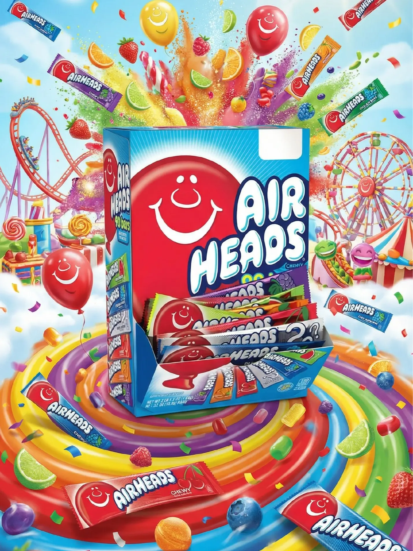 Airheads Full-Size Taffy Candy Bars, 60-Count Bulk Assorted Variety Pack, 6 Fruit Flavors, Artificially Flavored, Individually Wrapped, Tasty Chewy Snack, Candies
