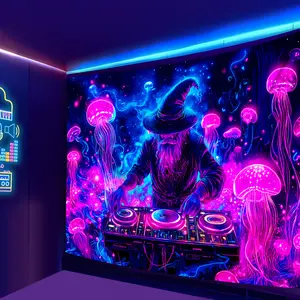 Tapestry Decor 1pc UV-reactive wizard DJ tapestry.Vibrant neon glow with pink mushrooms and starry night design.Polyester fabric, no power needed.Easy to install.Perfect for bedrooms, offices, or mystical living room decor.Wizard-themed atmosphere.