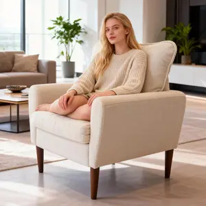 Comfy Wide Reading Chair, Upholstered Accent Armchair with Pillow & Wood Legs, Modern Lounge Sofa for Living Room or Waiting Room