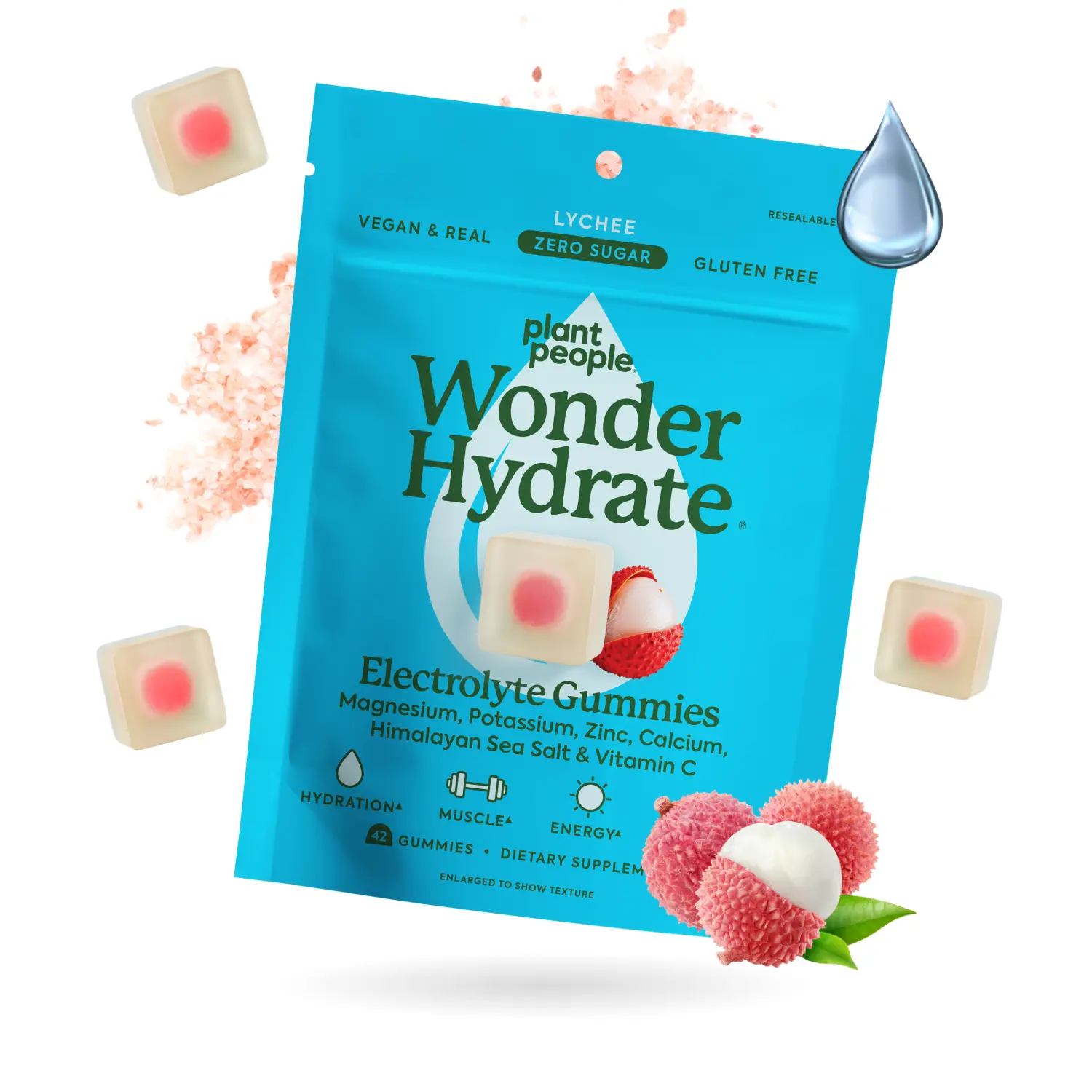 WonderHydrate Electrolyte Gummies by Plant People - Zero Sugar, Dual-Layer Hydration Gummies - Salty Lychee Flavor Daily Electrolyte Chewable Supplement Clean Fitness Supplement Healthcare