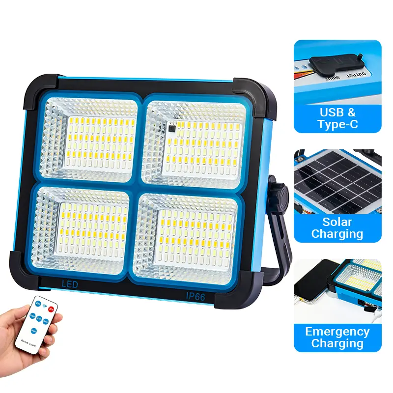 Qawtor 1pc Solar Rechargeable LED Work Flood Light - 288 Super Bright 5730 Beads, USB/Type-C Fast Charging, 5 Modes+SOS, Foldable, IP66 Water Resistant High Lumen, Portable Working Lights, Led Rechargeable Flashlights for Camping, Emergency Use