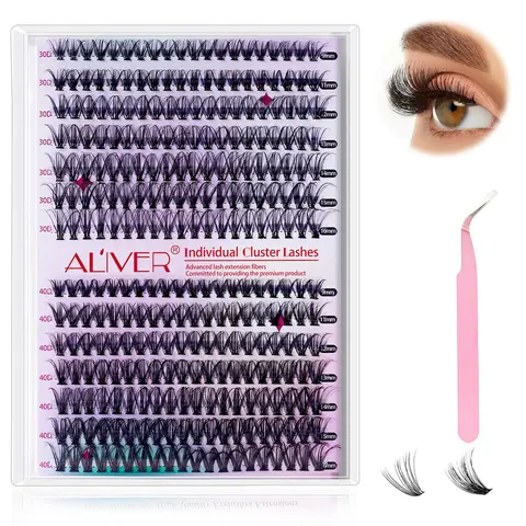 ALIVER DIY Eyelashes Kit - Nature Fluffy Synthetic Fiber Volume Lashes, 280 Reusable Clusters, Includes Glue & Tweezers, for Everyday Wear & Eyelash Extension Look