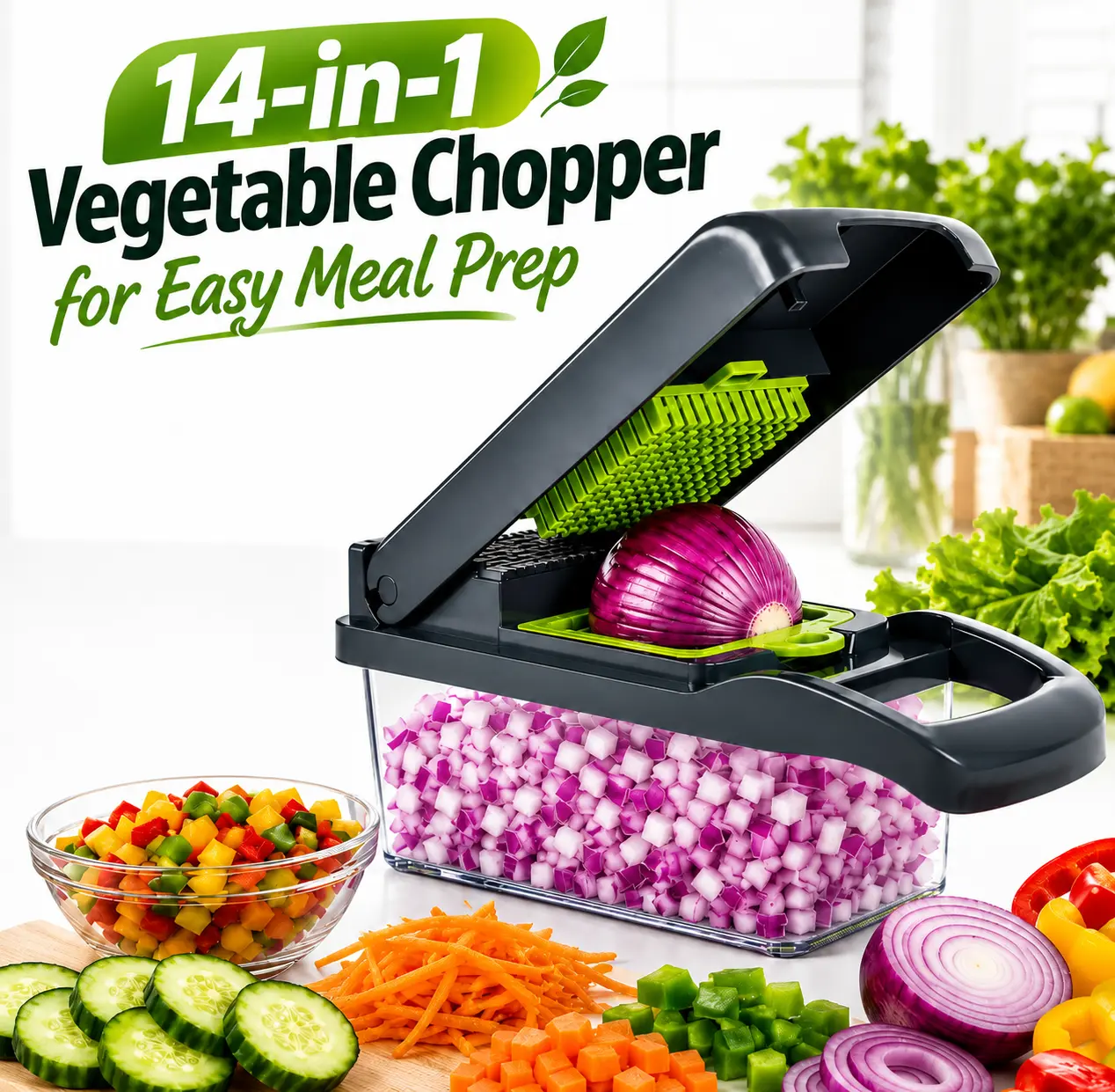 MIUVA 14-in-1 Multi-Blade Food Chopper Set with Container, Stainless Steel Blades, Mandoline Slicer, Dicer - TikTok Shop Must-Have Kitchen Utensil for Food Prep, Chopping, Stir Fry