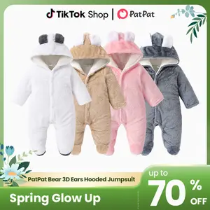 PatPat Baby Boy/Girl Bear Style 3D Ears Hooded Solid Plush Footed Jumpsuit: Soft & Cute for Winter, All-day Snuggle, Keeping Warm & Stylish