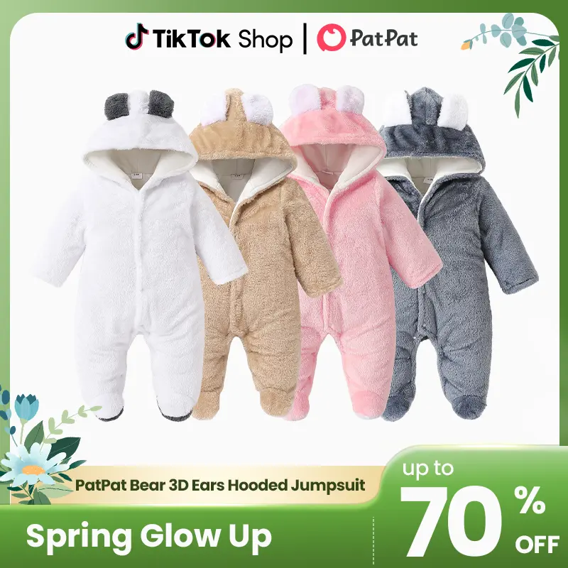 PatPat Baby Boy/Girl Bear Style 3D Ears Hooded Solid Plush Footed Jumpsuit: Soft & Cute for Winter, All-day Snuggle, Keeping Warm & Stylish