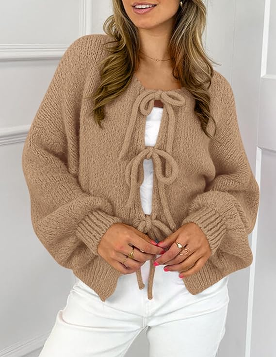 PrettyGarden Women's Tie Front Bow Cardigan Sweaters Chunky Knit Long Puff Sleeve Trendy Fall Winter Jacket Coats PrettyGarden Women's Tie Front Bow Cardigan Sweaters Chunky Knit Long Puff Sleeve Trendy Fall Winter Jacket Coats