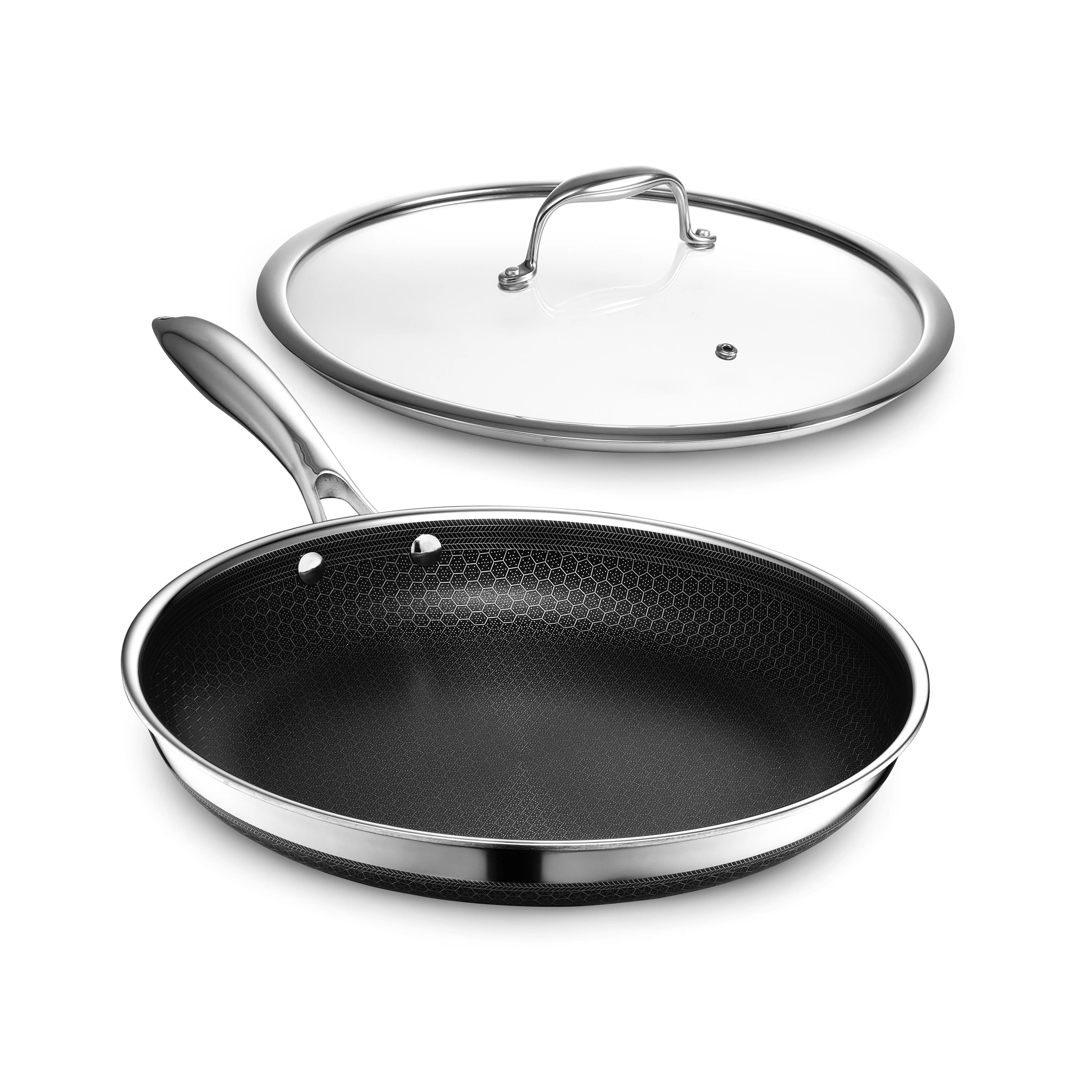HexClad Hybrid Nonstick Frying Pan with Lid, Stay-Cool Handle, Dishwasher and Oven Safe, Induction Ready, Compatible with All Cooktops
