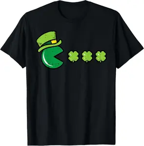 St Patricks Day Eating Shamrock Retro Gamer Men Boys Kids T-Shirt