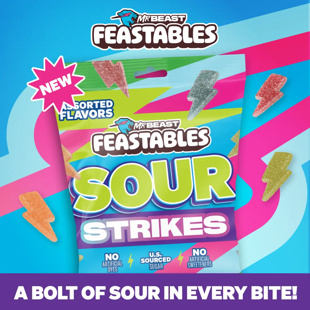 Feastables by MrBeast - Sour Strikes – Mixed Gummies, Sour Candies, with Watermelon, Green Apple, Strawberry & Raspberry Flavors, Sweets for Kids and Adults, Perfect Halloween Snack