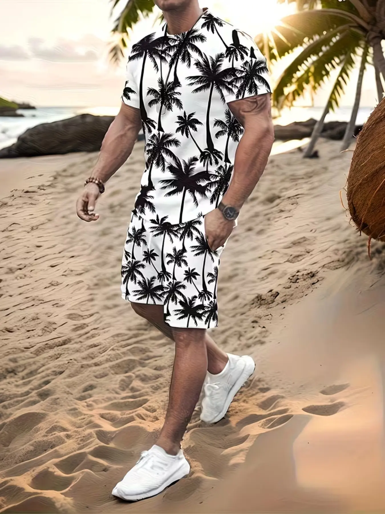 Men's Tropical Palm Tree Print Menswear Swim Set 2-Piece Matching Style Set, Short Sleeve T-Shirt & Pocket Shorts, Casual Vibe All-Season Wear