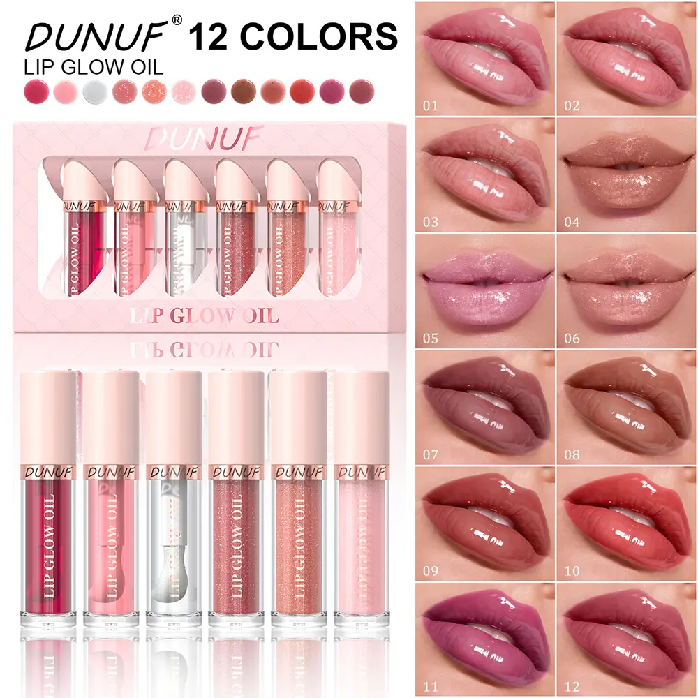 DUNUF 6PCS Pearlescent Lip Gloss Set. Pearl shine, long-lasting moisturizing, non-sticky, large brush head design, smooth application, crystal clear finish. Professional lip cosmetics for women, perfect holiday gift.
