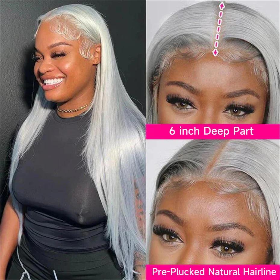 Bling Hair Sliver Grey Bone Straight Human Hair Lace Front Wigs 13x4 Transparent Lace Frontal Wigs Gray Straight Human Hair Wig Colored for Women Silvery Gray Wig Pre Plucked with Baby Hair Grey Straight Lace Front Wig