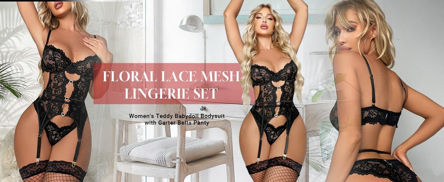 Women's Underwire Lingerie Set with Garter Belt Sexy Lace Bodysuit Cut Out Rhinestone Teddy Lingerie