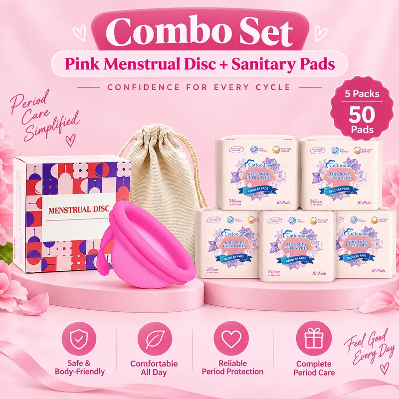 Cottonday Reusable Feminine Period Care Combo Set - Non-Medical, Phthalate-Free Silicone (1 Pink Disc, 1 Blue Disc), 50 Regular Sanitary Pads, Includes Carrying Pouch, for All Skin Types, Daily Care & Blood Flow Control