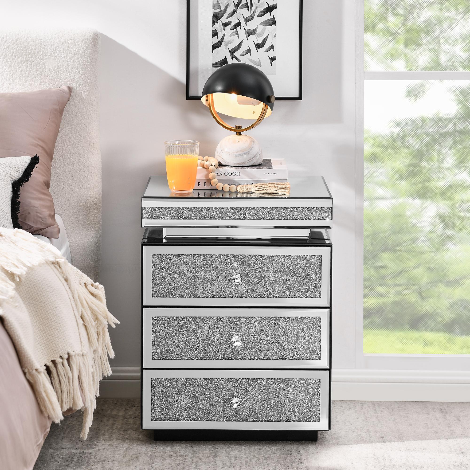 Mirrored Nightstand Modern Bedside Table with 3 Drawers, Silver End Table with Crystal Inlay, Bedside Table, Glass Table for Bedroom, 13.8''W x 17.7" L x 23.6" H