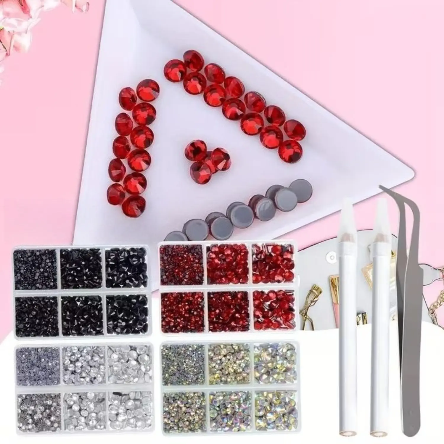 10000Pcs Flatback Glass Rhinestones for Crafts - Red AB/Black Nail Gems Nail Art Supply with Tweezers & Pen