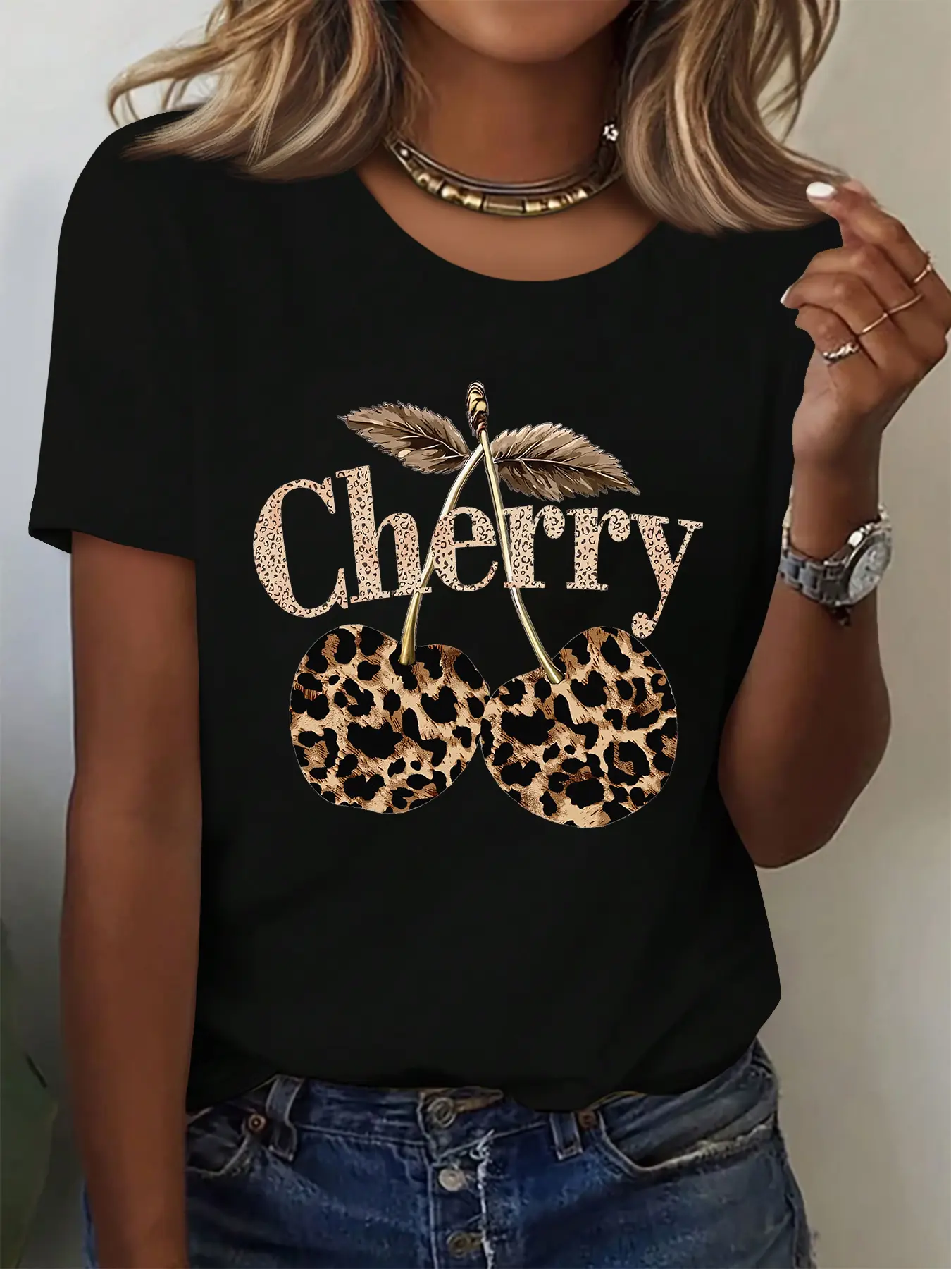 Women's Mint Green Cherry Print T-Shirt: Cotton soft stretch crewneck short sleeve top with cherry & leaf design, loose casual summer style, suitable for daily, fitness, parties, ideal for cherry lovers;