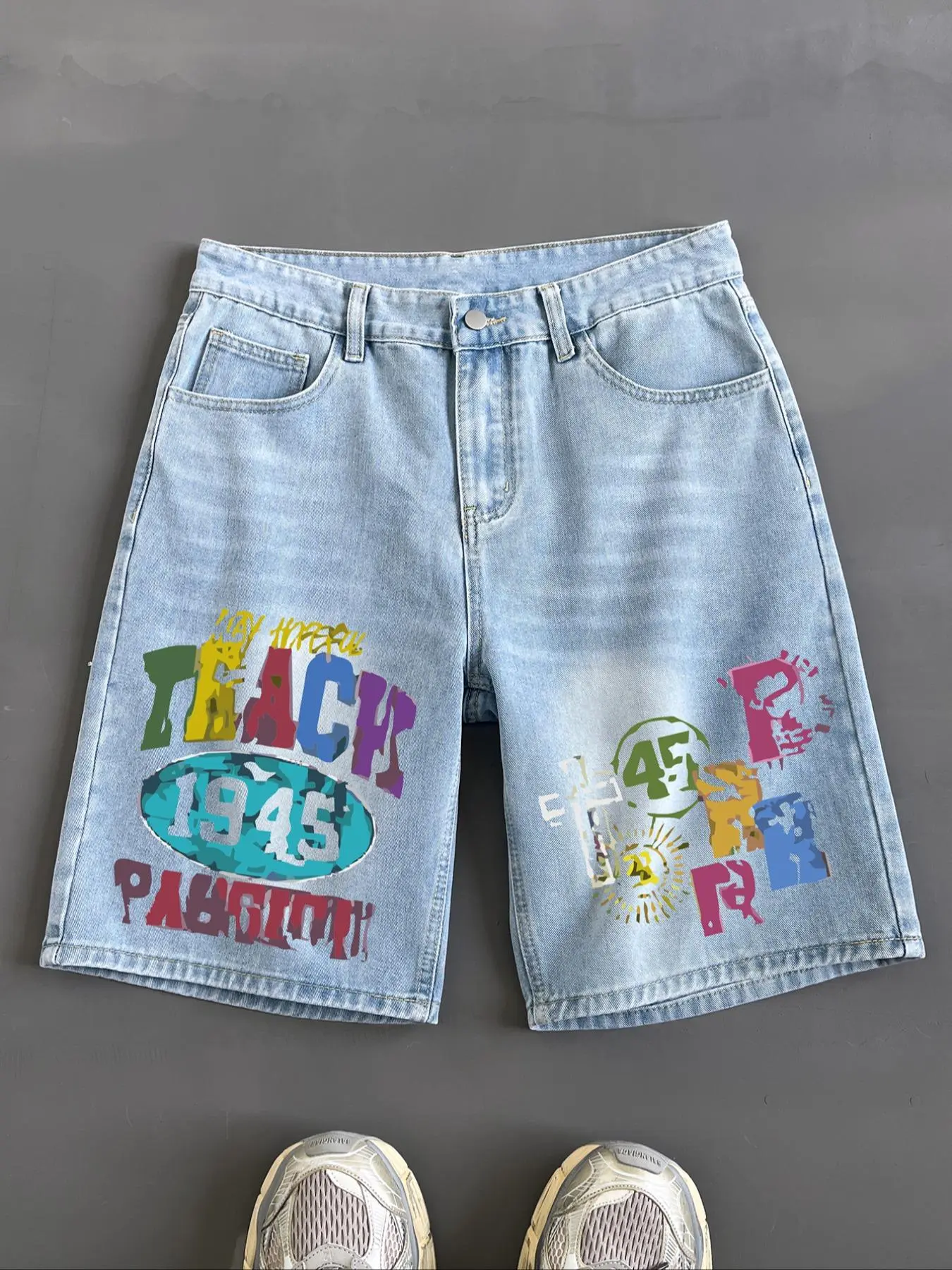 Men's Colorblock Letter Print Denim Clothing Mid Waist Shorts, Light Wash, Denim Streetwear, Casual Fashion Paint Splatter Shorts for Summer, Men's Bottoms for Daily Wear, Menswear
