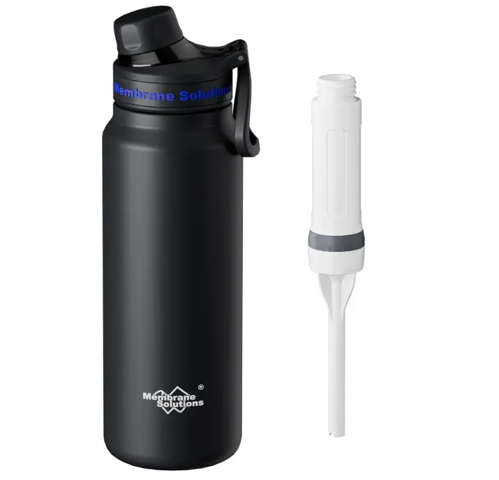 Membrane Solutions C3 Filtered Water Bottle 32oz 4-Stage Stainless Steel Water Bottle with Replaceable ACF&UF Filter Cartridge for Travel Hiking Camping