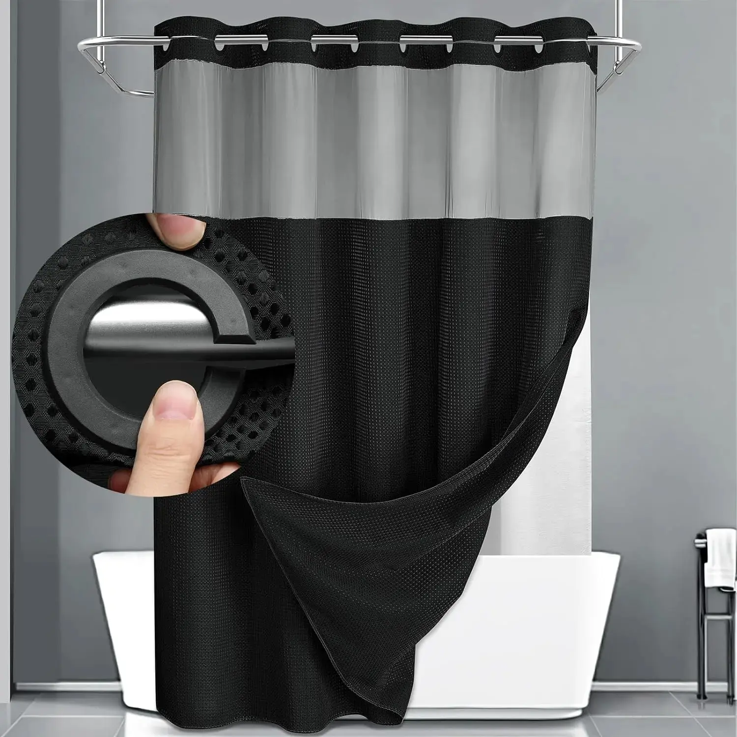 Hookless shower curtain with snap lining, gray, double-layer waterproof polyester fabric, wrinkle-resistant, heat-resistant, and washable.