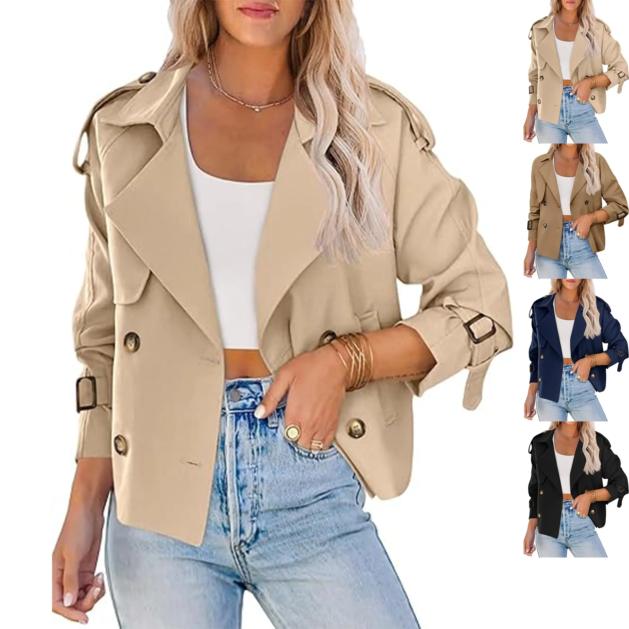 Wandal Women Short  Double Breasted Trench Coat Lapel Short Jacket Pockets 2026 Trendy Spring Fall Office Commute Casual Outerwear OOTD