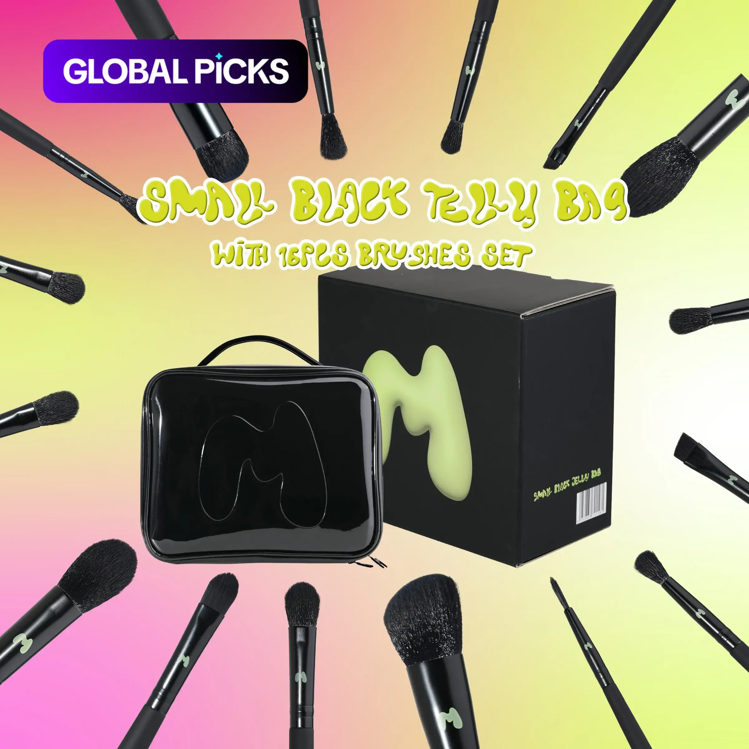 [Made by Mitchell] Small Black Jelly Makeup Bag with 16-Piece Makeup Brush Set – Travel-Friendly Travel Makeup Brushes Portable All-in-One Cosmetic Brush Kit #GLOBAL PICKS