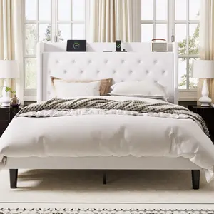 Muticor Full/Queen/King Size Bed Frame with Charging Station and Storage, Upholstered Platform Bed, No Box Spring Needed, Deep Grey/Grey/White/Black #SummerVibes
