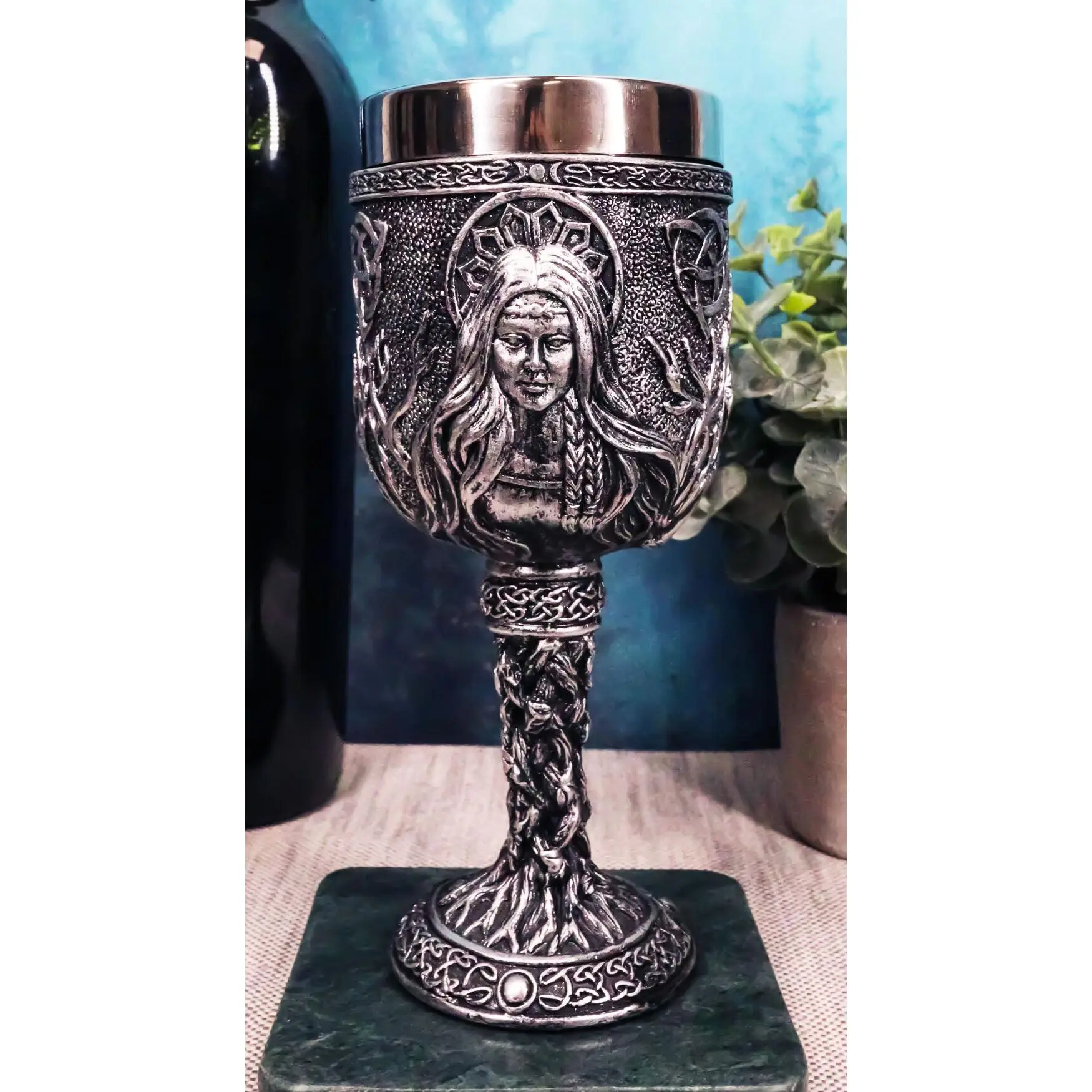 Triple Goddess Maiden-Mother-Crone Witchcraft Steel Goblet, 5.3oz Polished Drinkware with Removable Cup, Wine-Serving Kitchenware