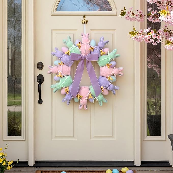 Flocked Easter Bunny Wreath with Eggs & Bow, 13" Spring Door Hanger Decor Cute Easter Wreath Vibrant Colors Easy Hang Spring Wreath for Front Door Porch Wall Window Fireplace Mantel, Easter Decor Farmhouse Home Decor Indoor Outdoor Party Supplies & Gifts