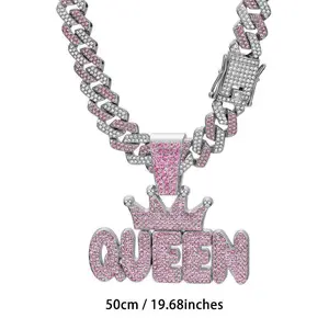Women Pink Rhinestone Crown QUEEN Letter Hanging Miami Cuban Link Chain Necklace Long Hip-hop Jewelry Punk Accessories