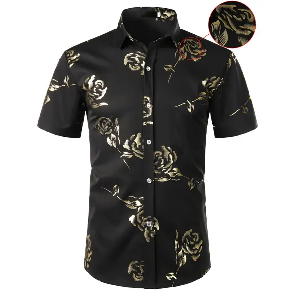 ZEROYAA Mens Hipster Gold Rose Printed Slim Fit Short Sleeve Button Down Dress Shirts Casual Summer Style Casual Fashion,back to school,back to school shopping
