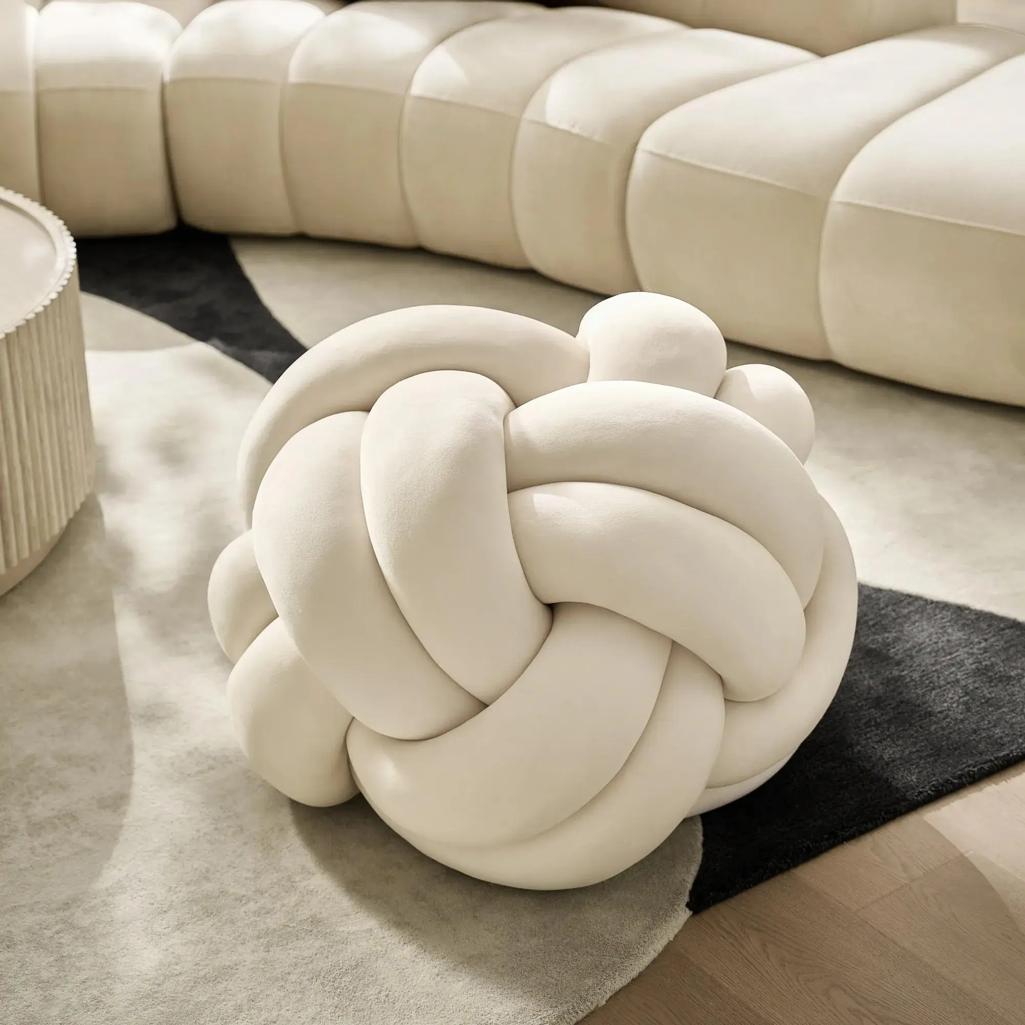 Z Gallerie Loopie Fig Ocean Oatmeal Velvet Upholstery Footstool - 34.5x34.5x21.5", Artistic Form, Single Seat Indoor Furniture Stool