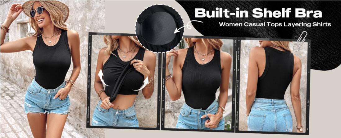 Chicme 2-Piece Ribbed Built-in Bra Tank Top Round Neck Ribbed Tank With Bra Pads Athletic Tank Tops for Women