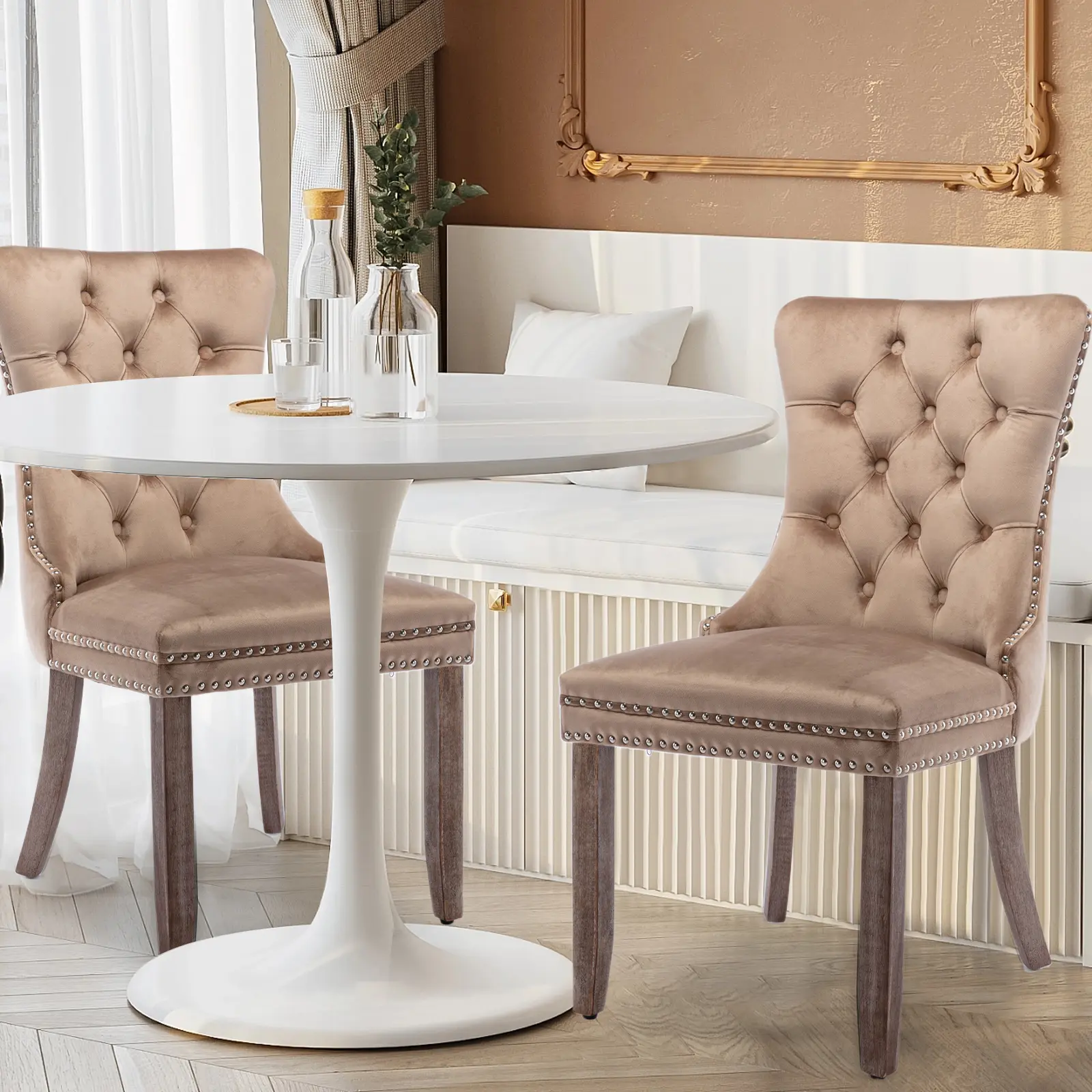 Velvet Dining Chairs Set of 4, Tufted Upholstered Kitchen Chairs with Solid Wood Legs and Nailhead Trim for Modern Kitchen, Dining Room