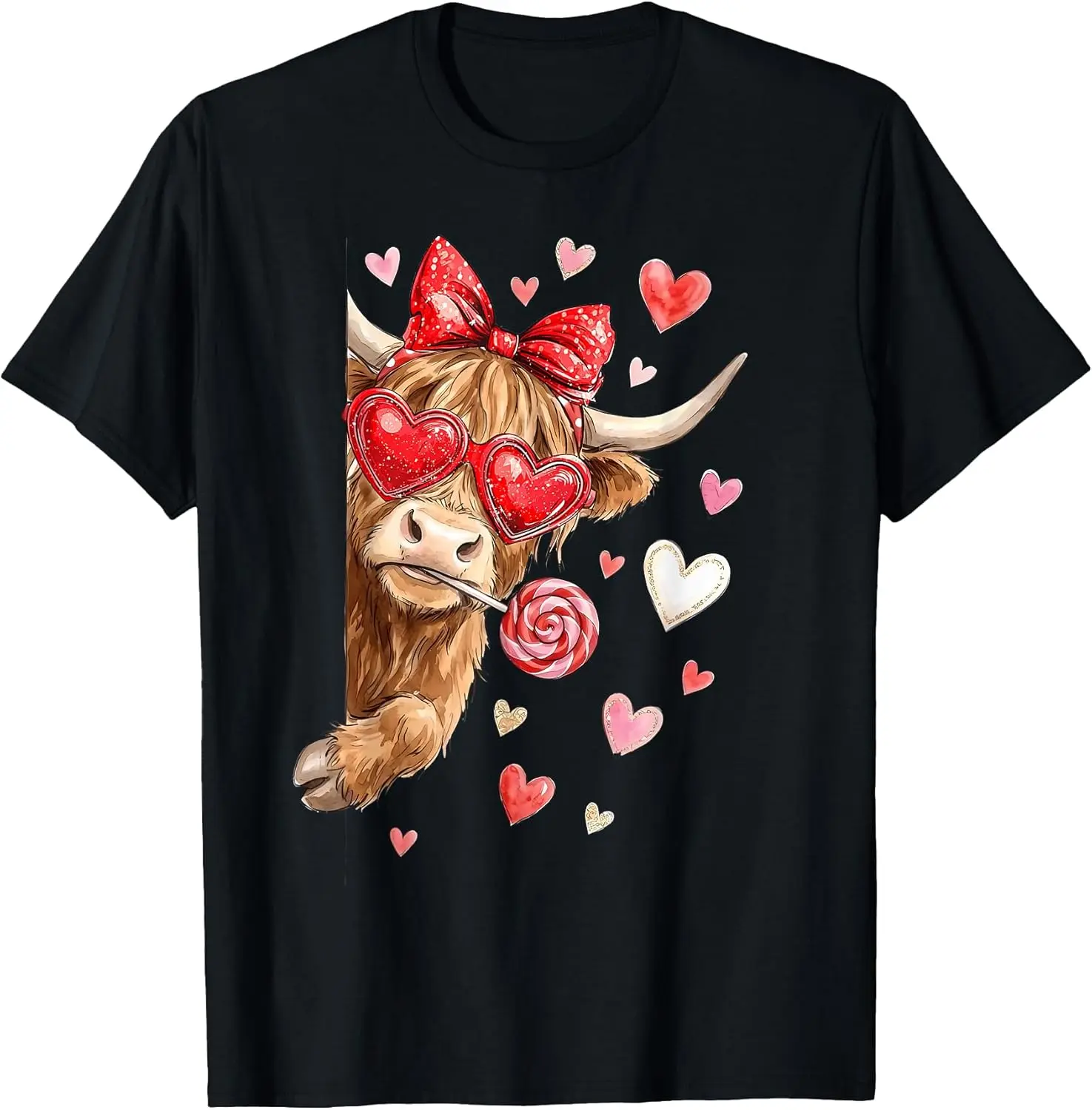 100% Cotton Cute Highland Cow Candy Cane Heart Valentines Day Scottish T-Shirt