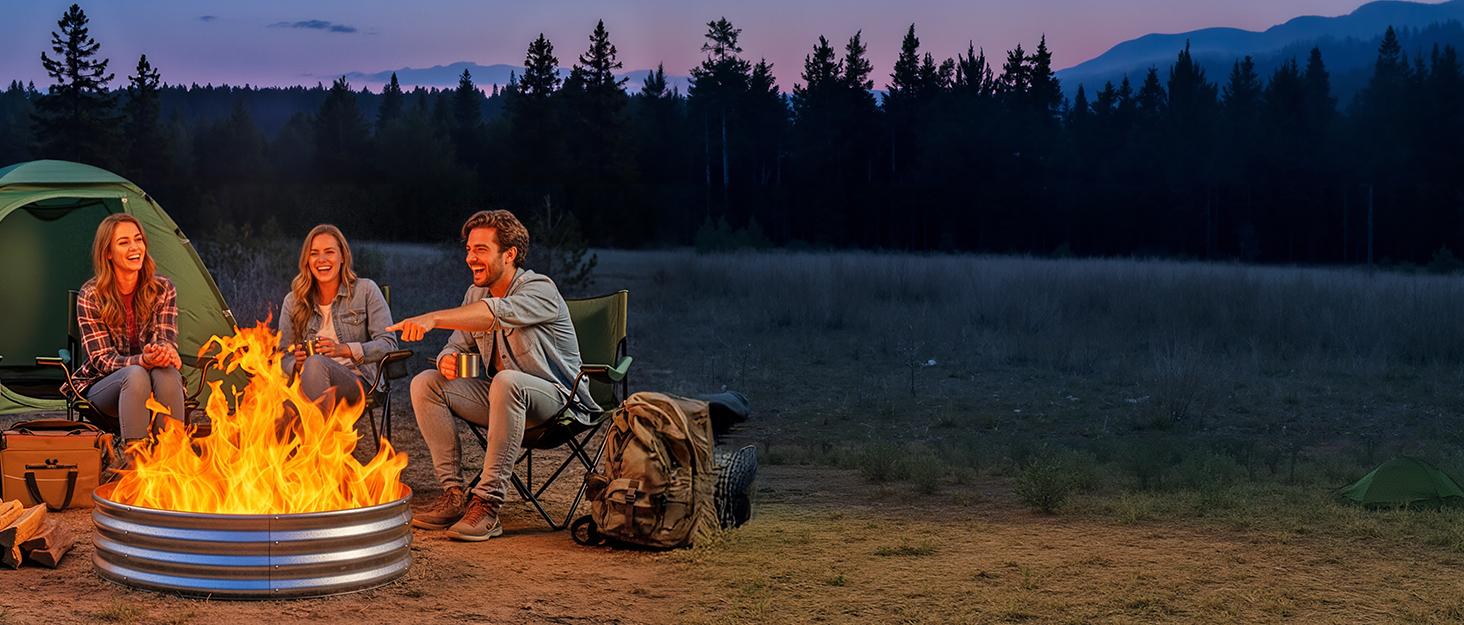 Round Fire Ring Pit Outdoor Camp Firepit Heavy Duty Galvanized Steel Foldable Outside Wood Burning Bonfire Fire Pit Ring for Camping Backyard Garden Beach Yard Gatherings