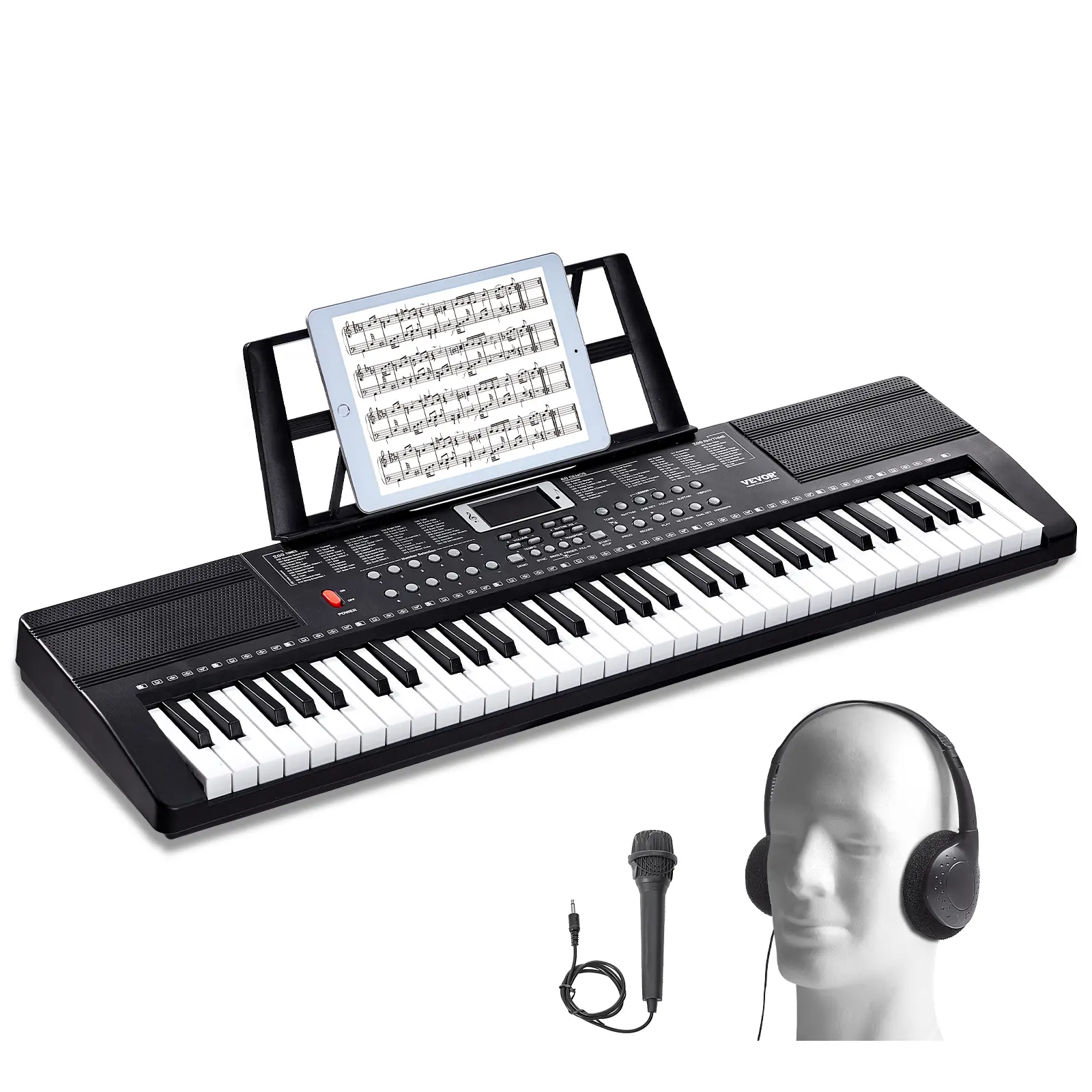 VEVOR 61 Key Digital Keyboard Piano,  200 Tones 200 Rhythms, Electric Portable Piano Keyboard Kit with 60 Demo Songs Built-In Dual Speakers Headphones Microphone, Piano Stickers for Beginners Learning