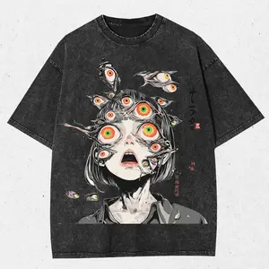 Multitude Of Gazes Washed Tshirt, Horror Anime Girl T-Shirt: Gothic Manga Style,fathersdaygift