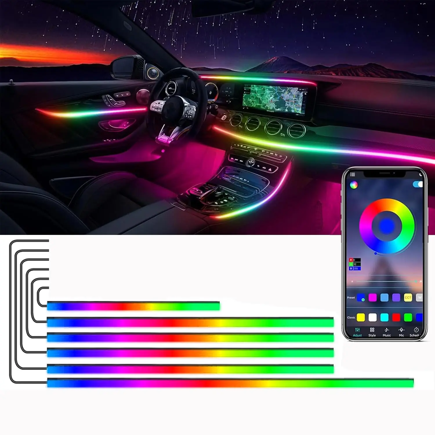 Dreamcolor Acrylic Interior Car LED Strip Lights - Wireless APP-Controlled RGB 6/10/18-in-1 Chasing Kits, 16M Color Changing, Beat-Synced, Static Color Mode, Uniform Light Spread Car Accessories, Car Stuff, Vehicle Accessories